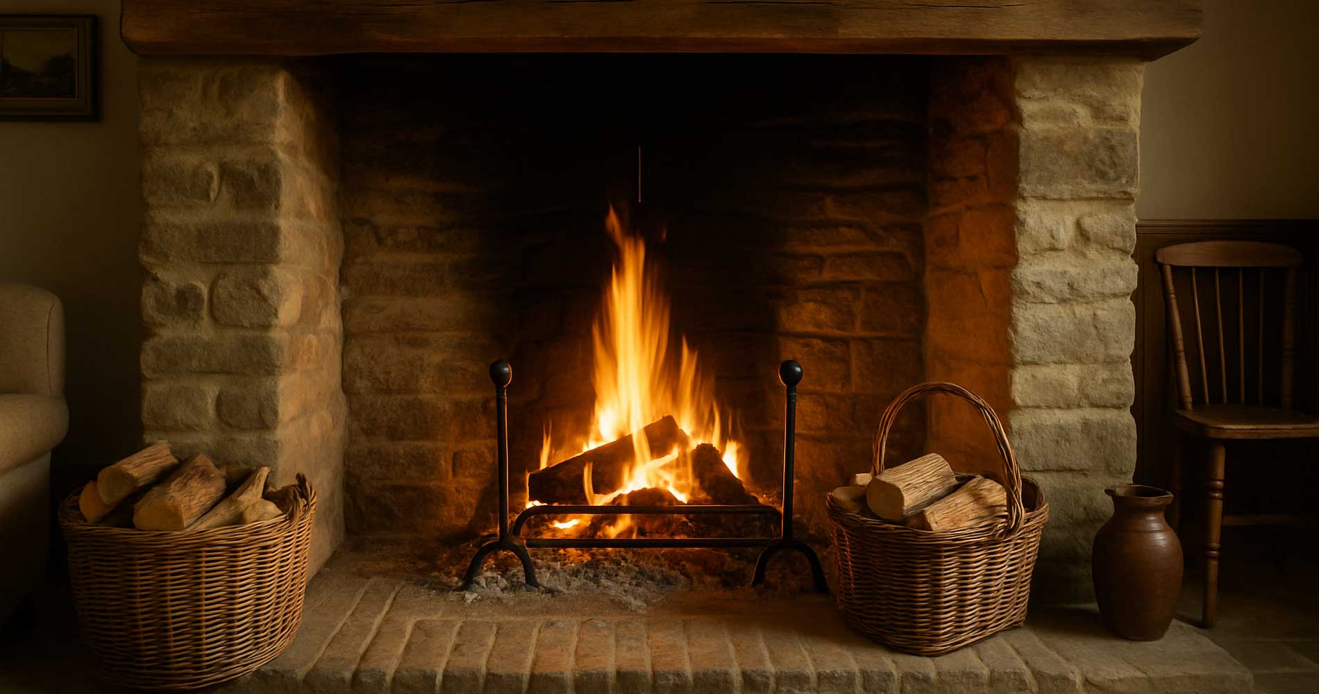 Country-style fireplace with roaring fire